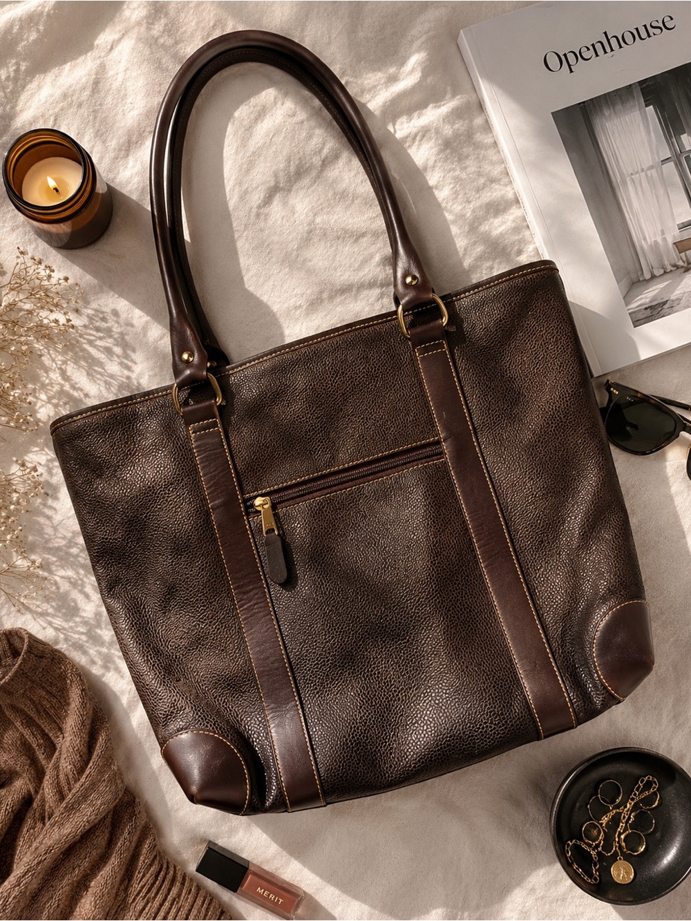 Vintage Dark Brown Mexican Leather Tote Bag with Gold Hardware